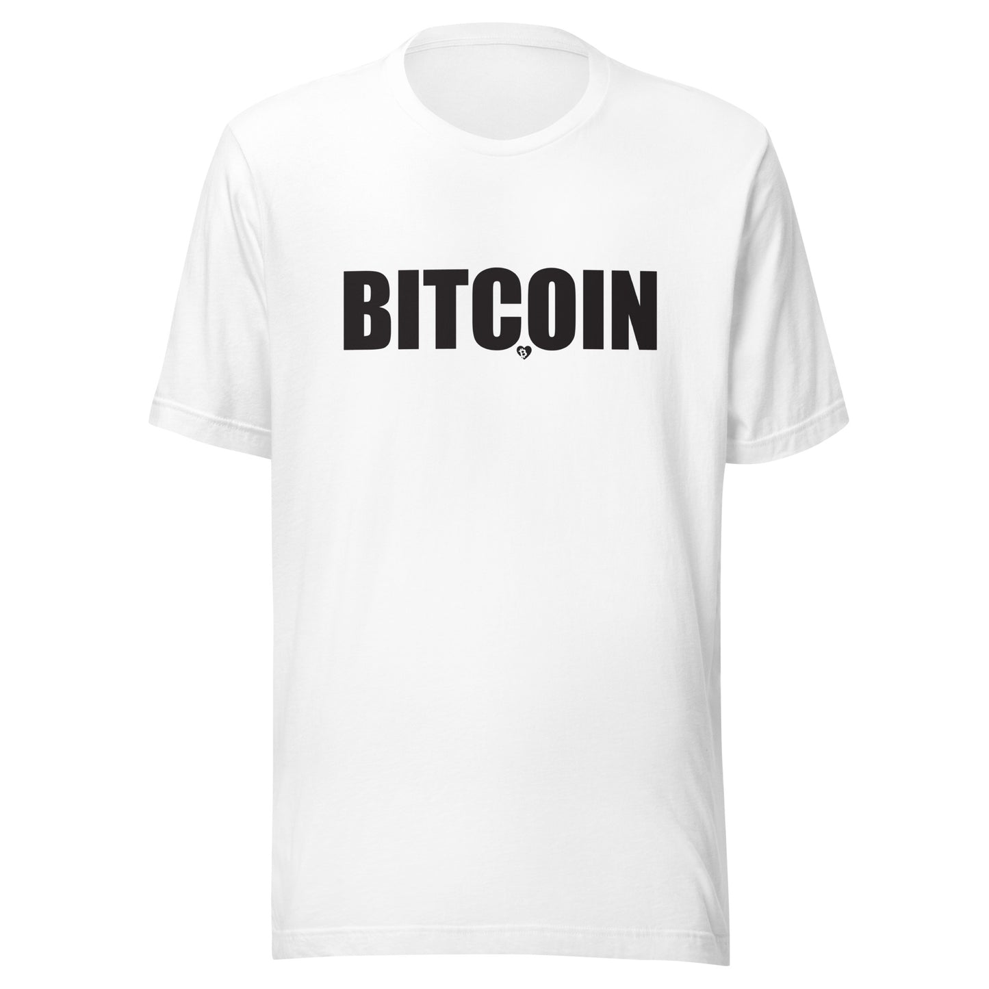 White t-shirt with 'BITCOIN' printed in black on a white background
