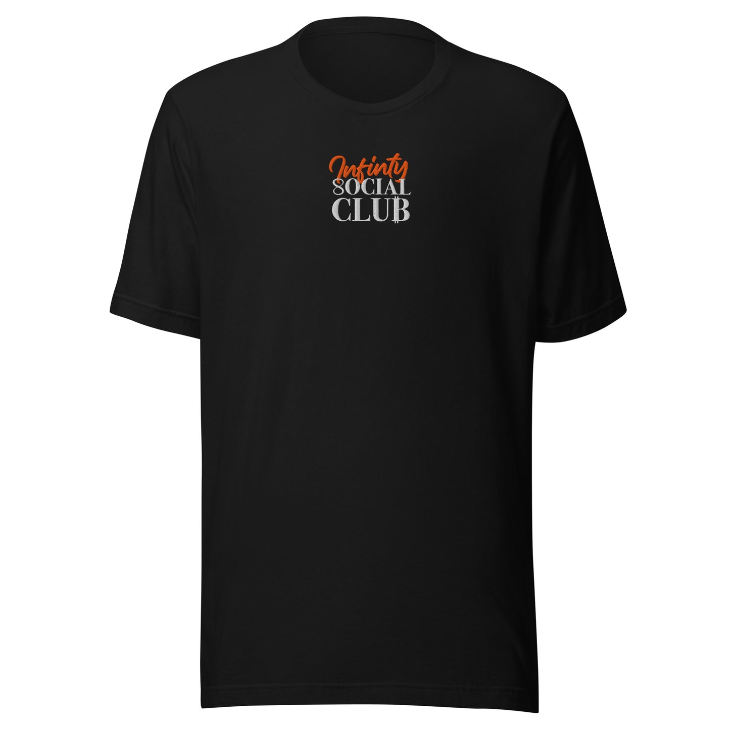 Black t-shirt with 'Infinity Social Club' text on a white background