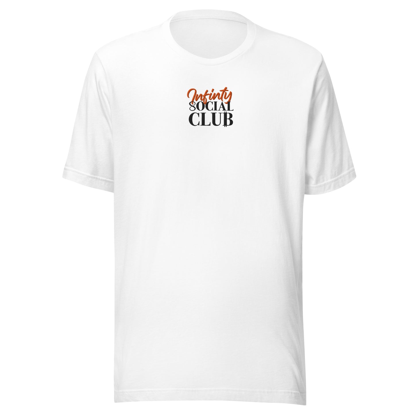 White t-shirt with 'Infinity Social Club' text on a white background