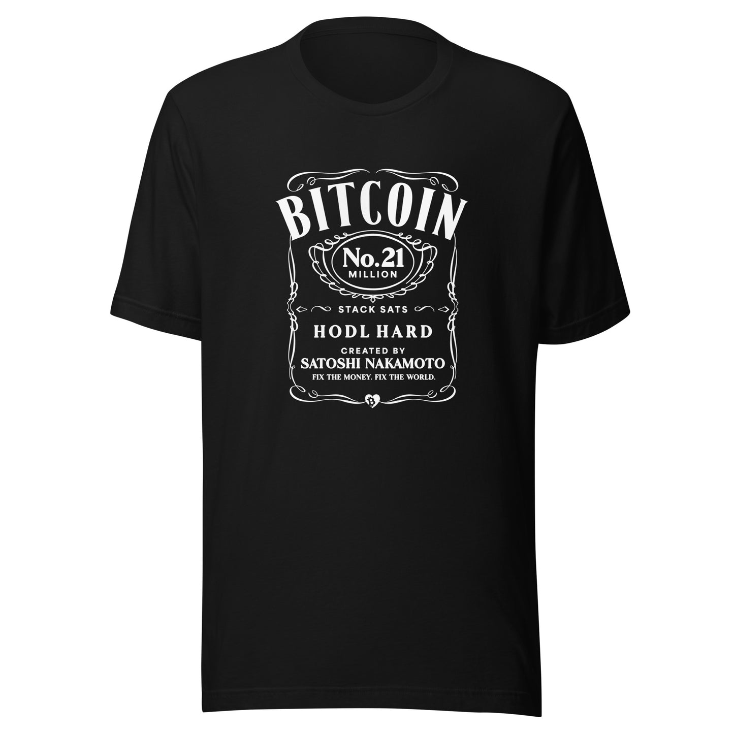 Black t-shirt with jack daniels Bitcoin design on a white background