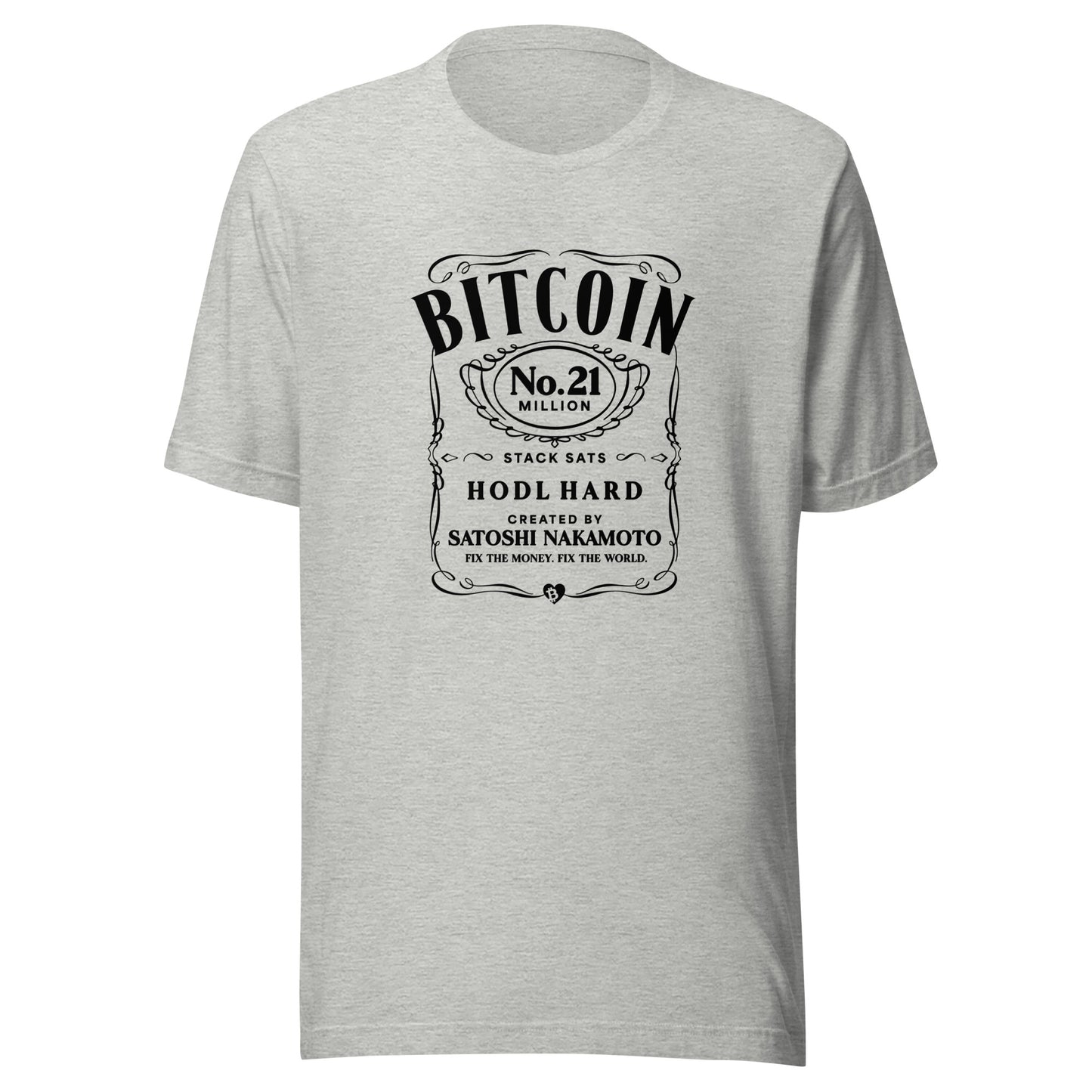 Gray t-shirt with jack daniels Bitcoin design on a white background