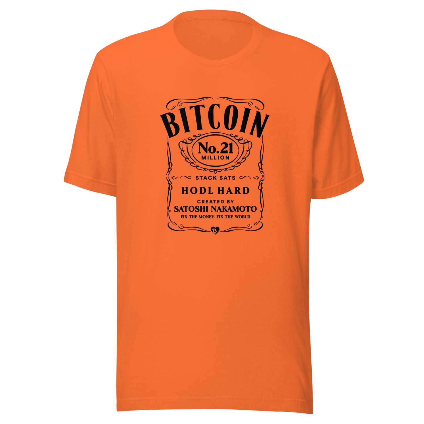 Orange t-shirt with black jack daniels Bitcoin design on a white background