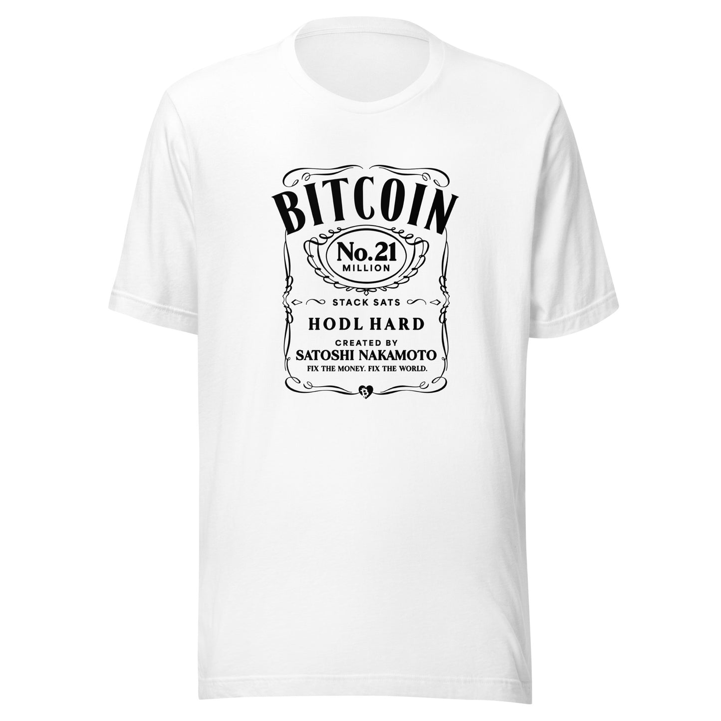 White t-shirt with jack daniels Bitcoin design on a white background