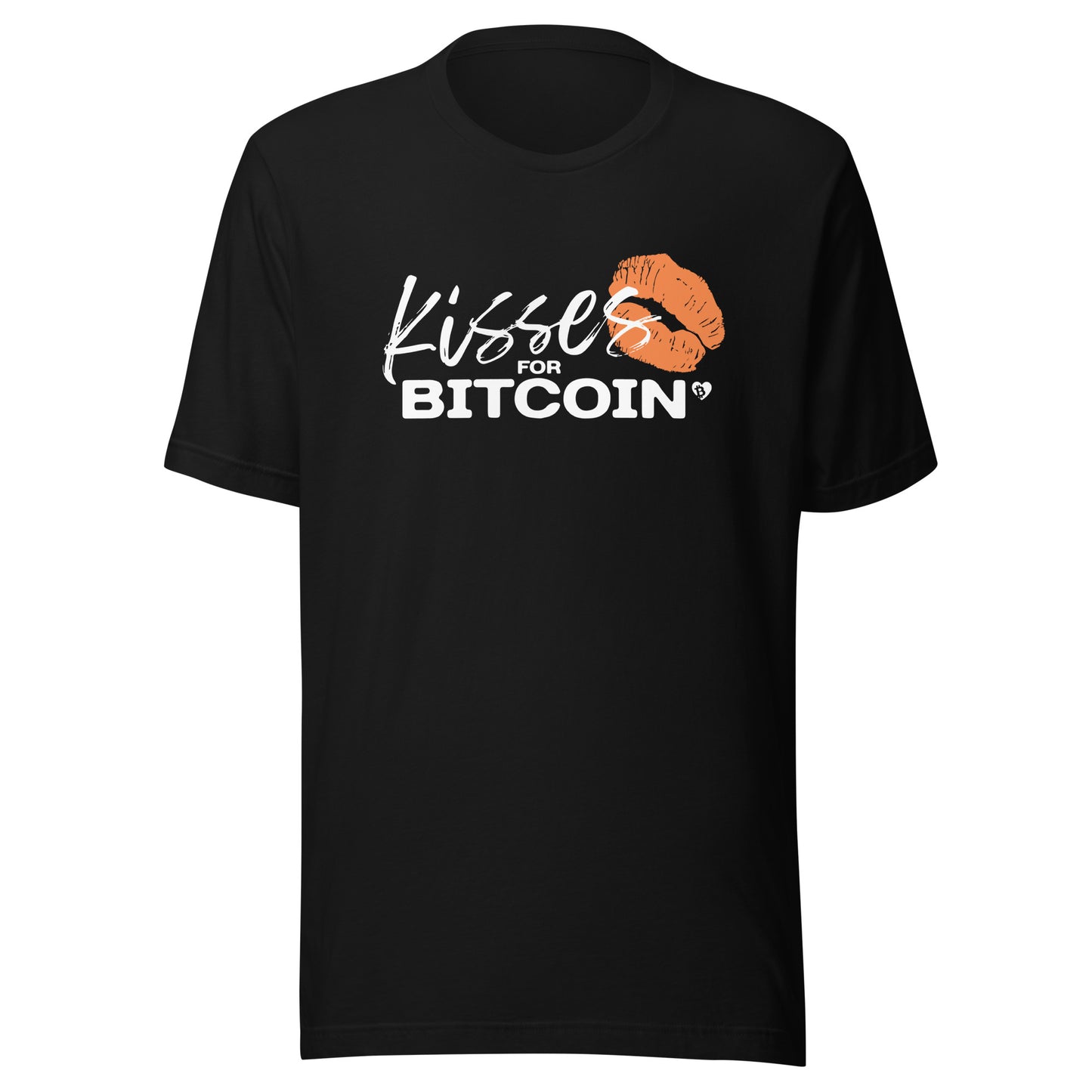 Black t-shirt with 'Kisses for Bitcoin' graphic on a white background