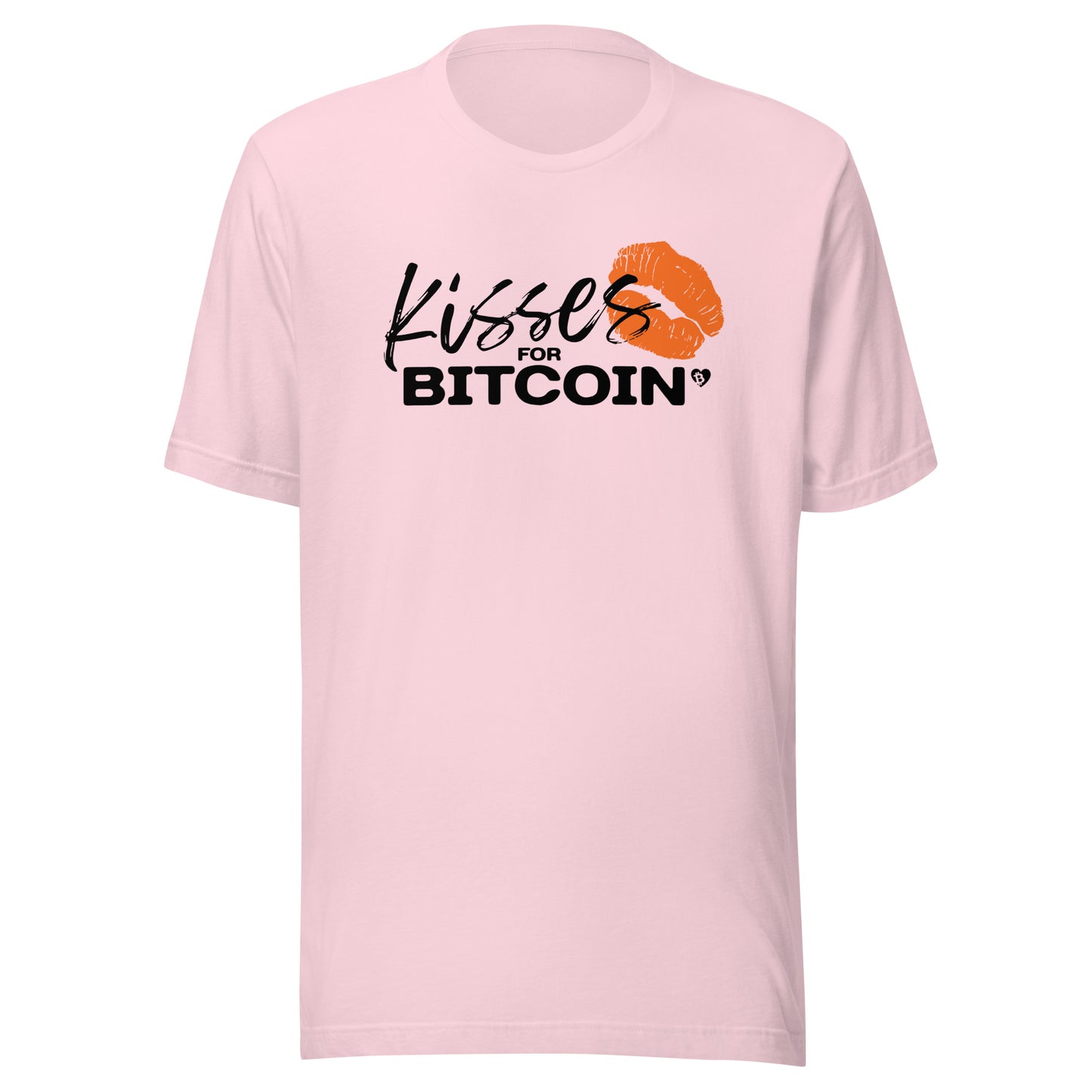 Pink t-shirt with 'Kisses for Bitcoin' text and graphic on a white background