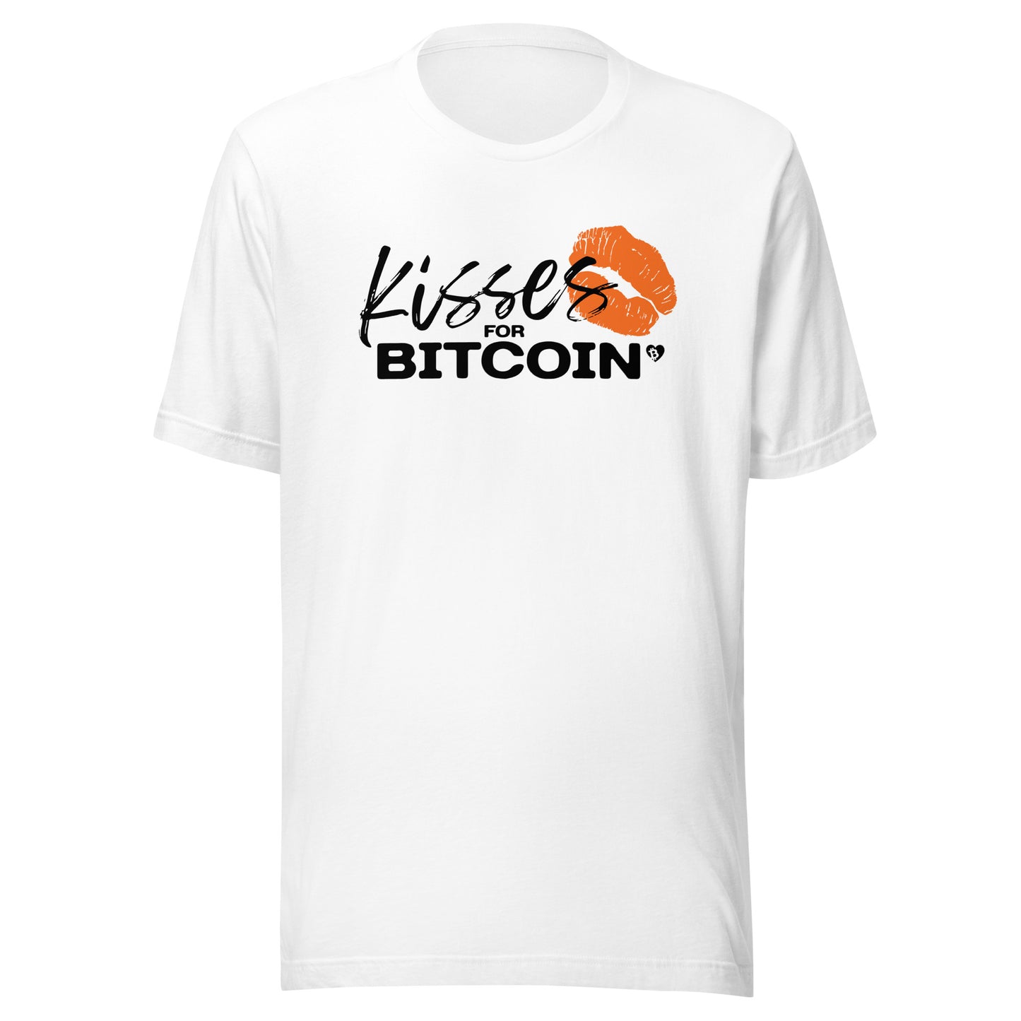 White t-shirt with 'Kisses for Bitcoin' text and graphic on a white background