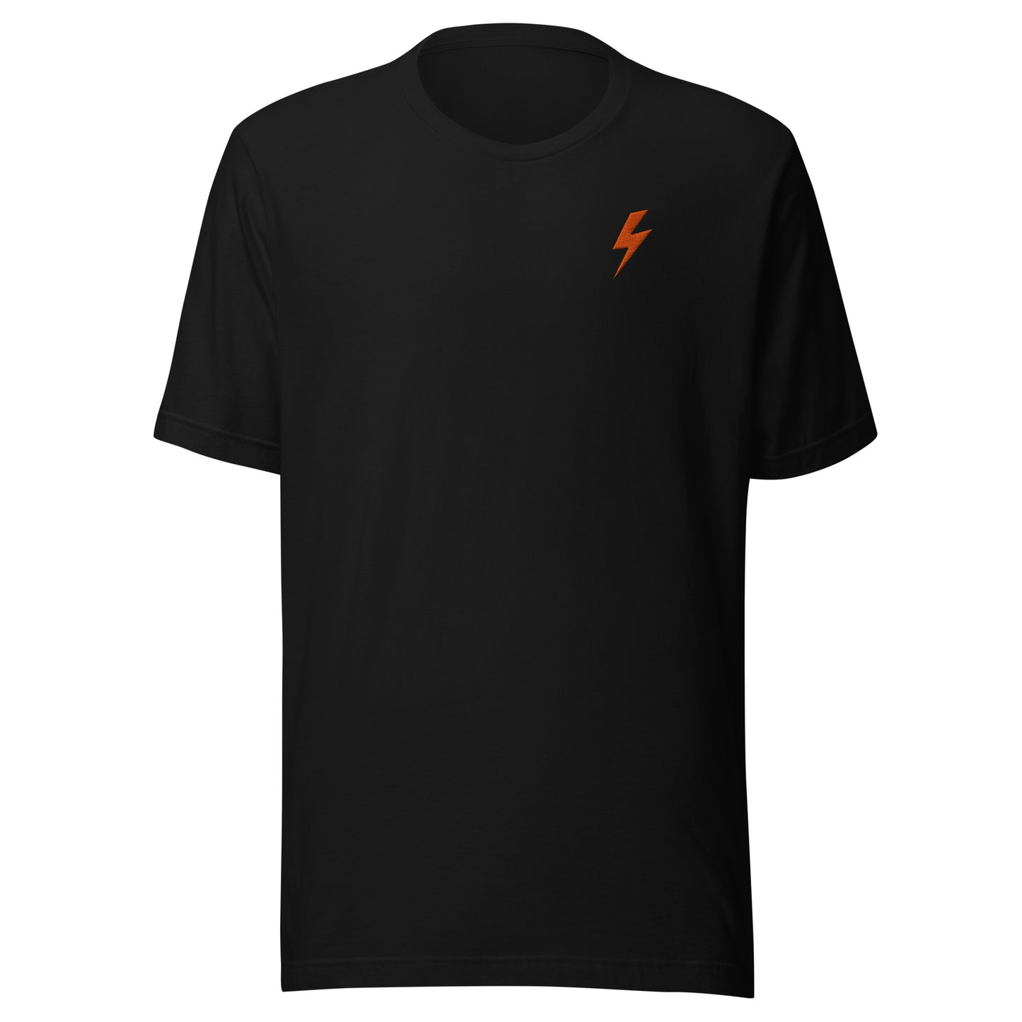 Black t-shirt with a orange lightning bolt on a white background