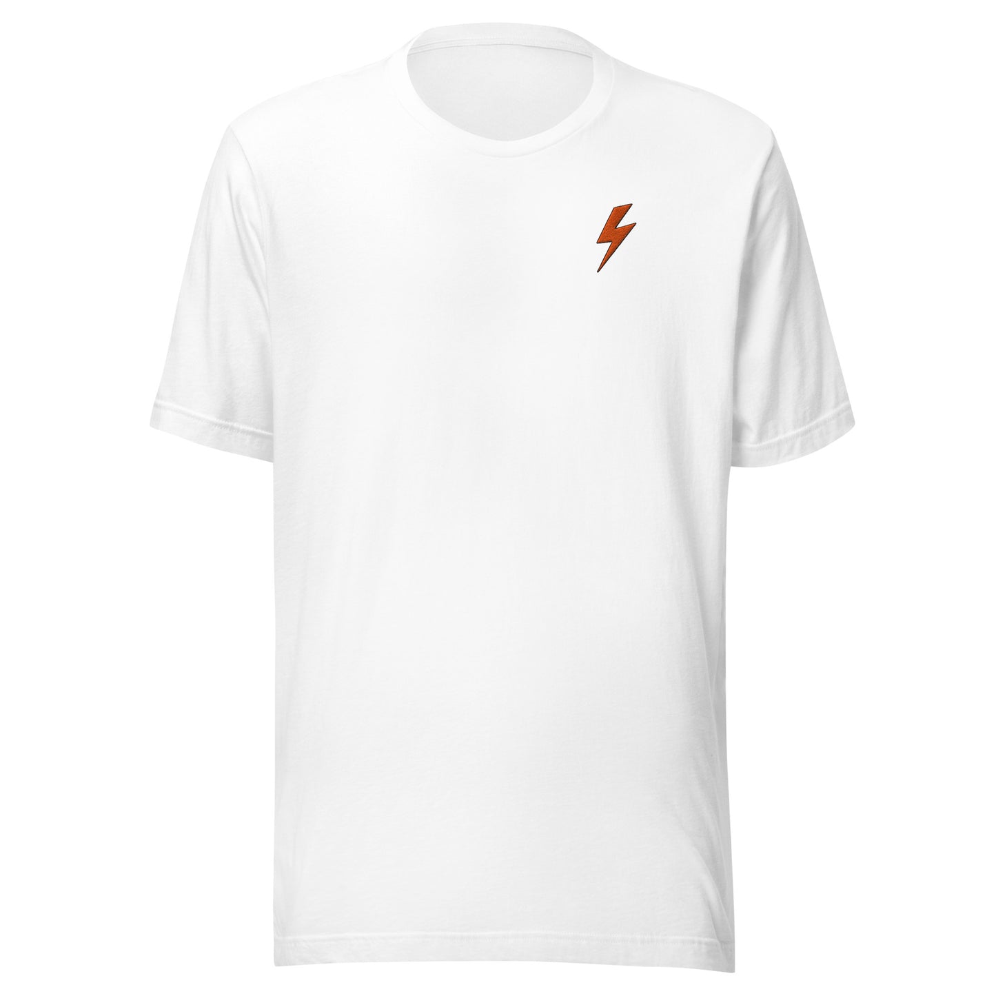 White t-shirt with a small orange lightning bolt design on a white background