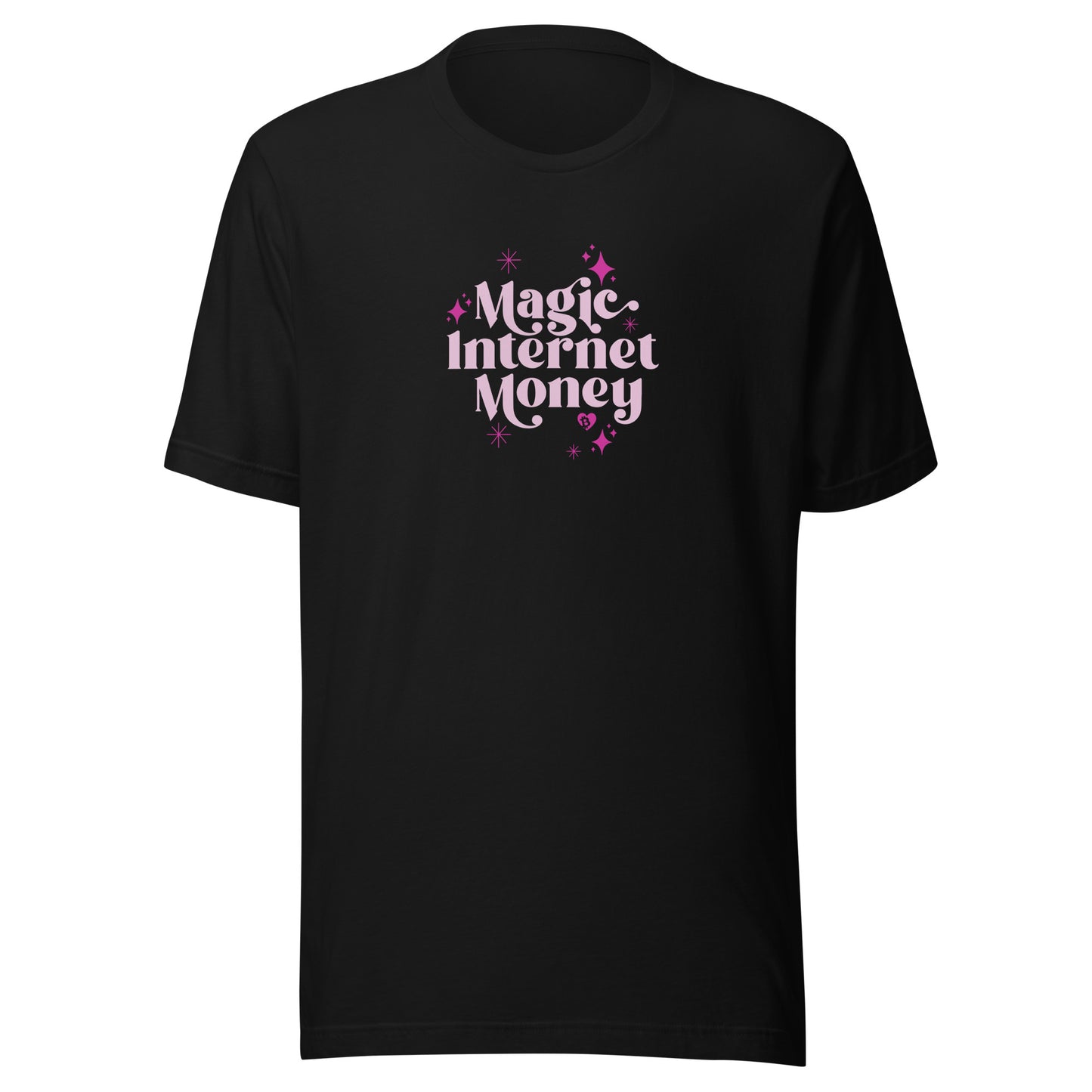 Black t-shirt with 'Magic Internet Money' text on a white background
