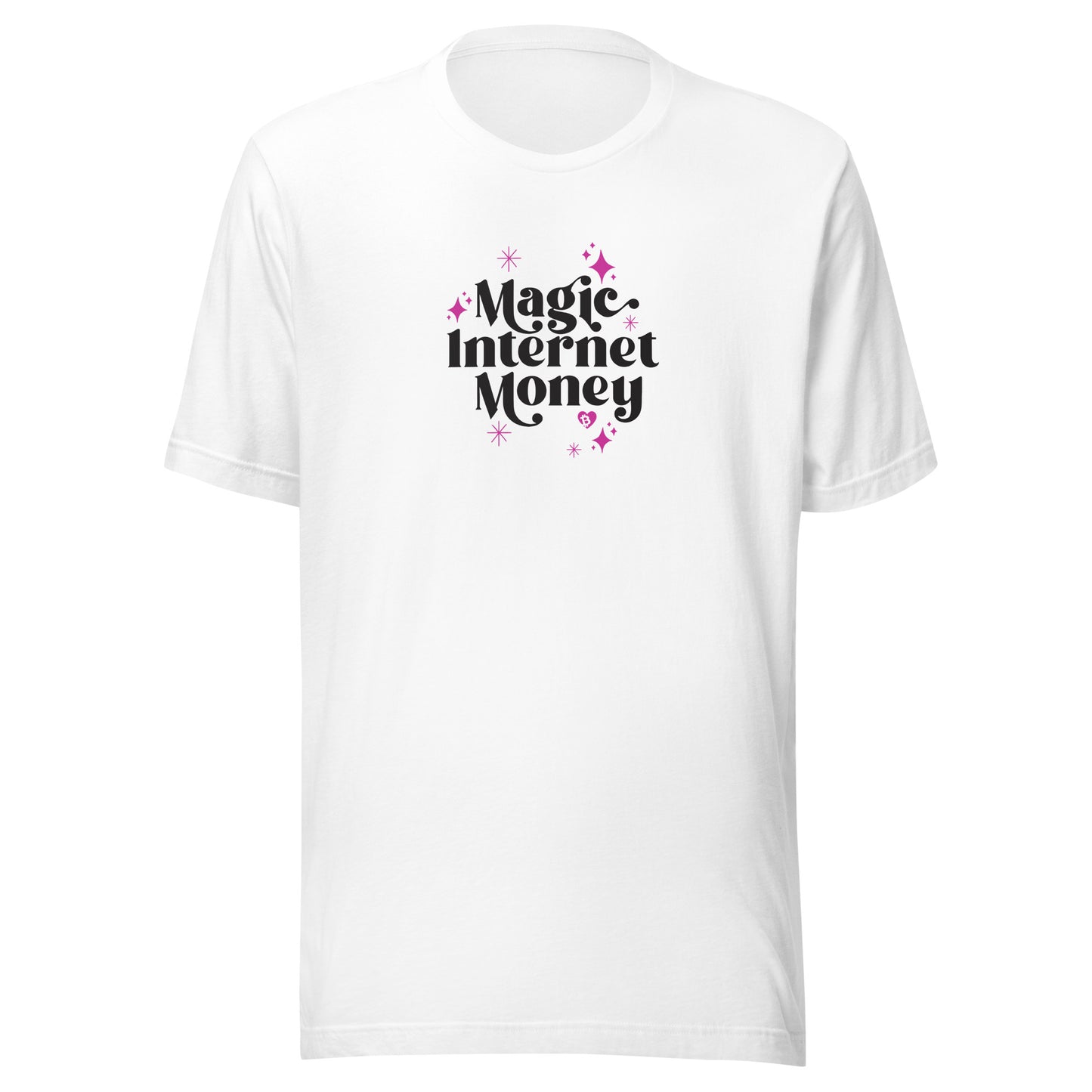 White t-shirt with 'Magic Internet Money' text on a white background