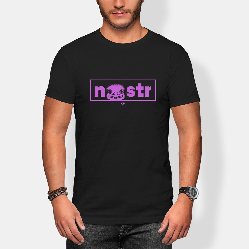 Person wearing a black t-shirt with a pink logo nostr on a white background