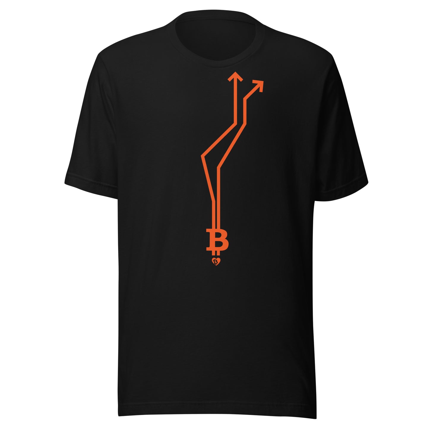 Black t-shirt with orange Bitcoin symbol arrow design on a white background