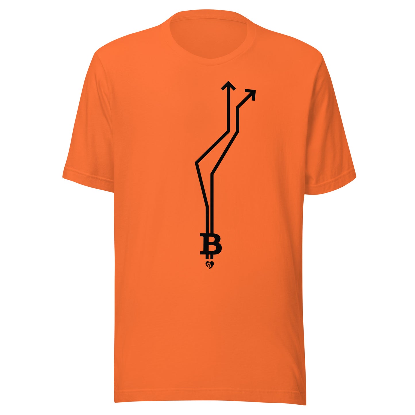 Orange t-shirt with black Bitcoin symbol arrow design on a white background