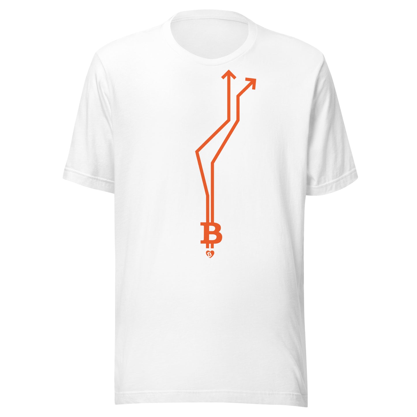 White t-shirt with orange Bitcoin arrow design on a white background