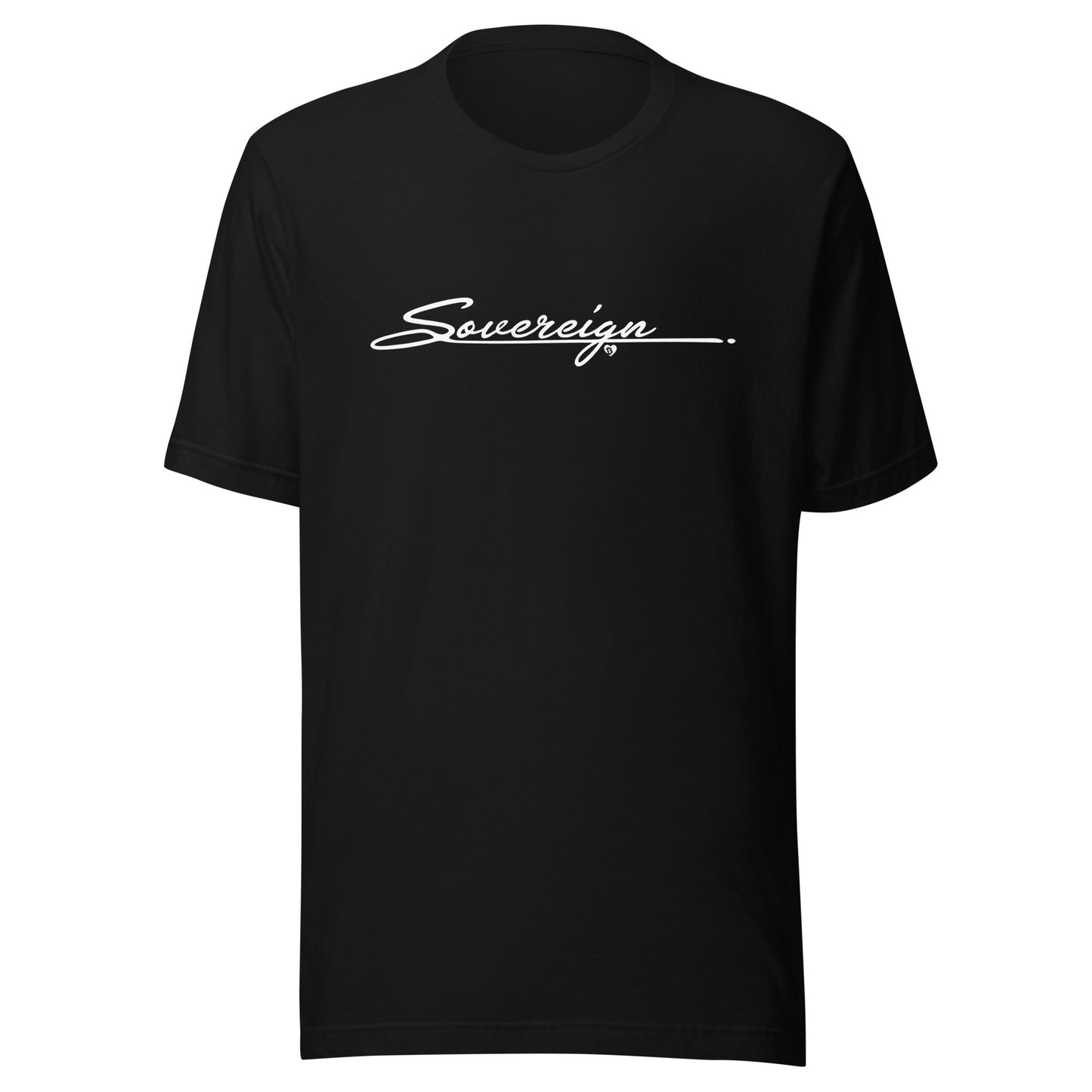 Black t-shirt with 'Sovereign' text on a white background
