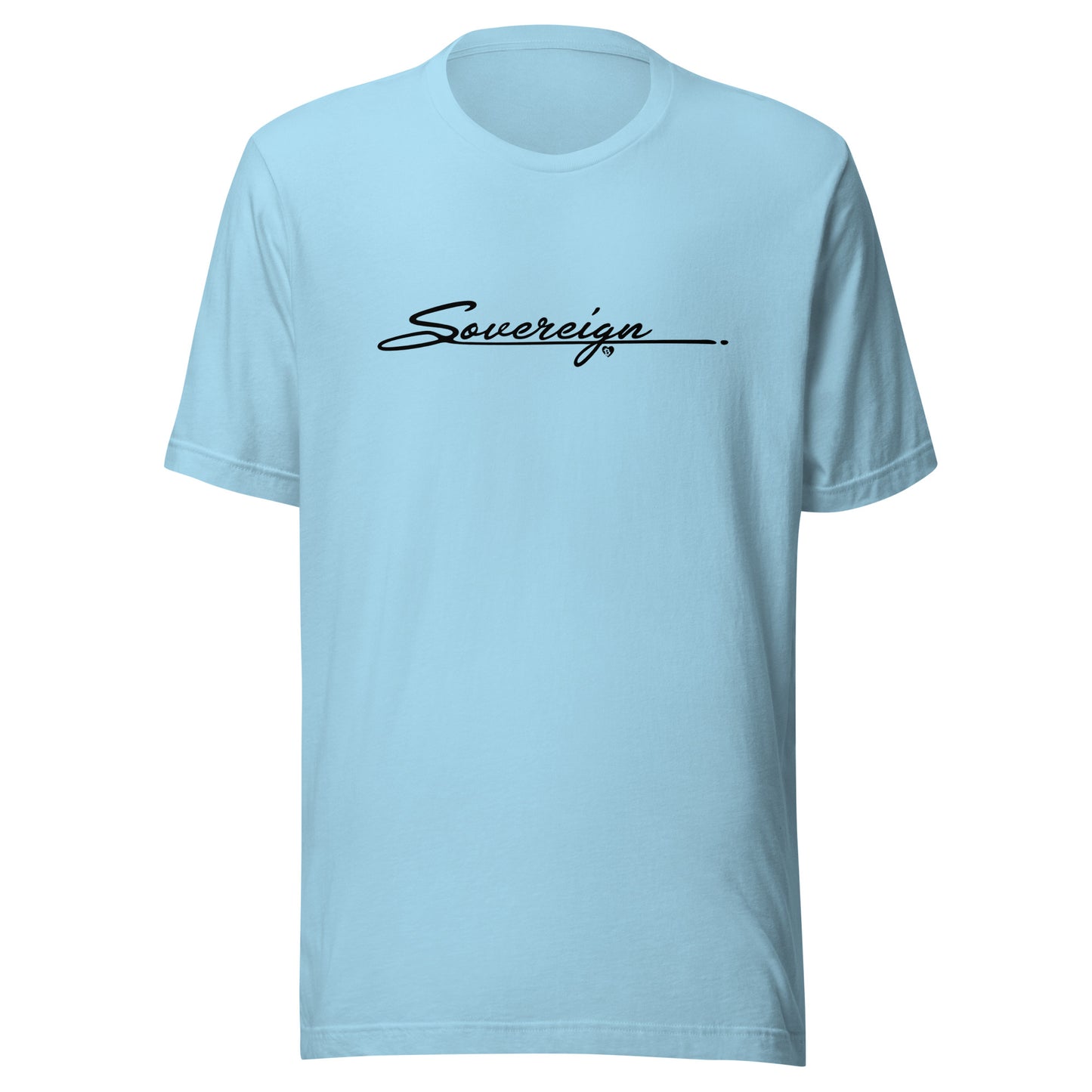 Light blue t-shirt with 'Sovereign' text on a white background