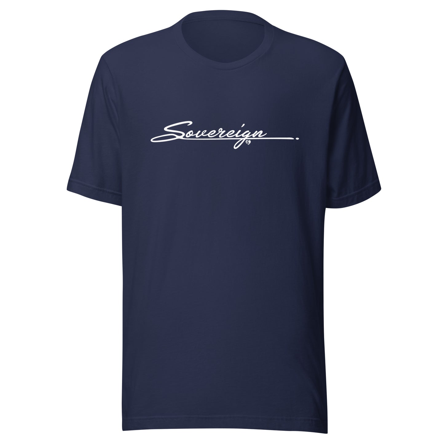 Navy blue t-shirt with 'Sovereign' text on a white background