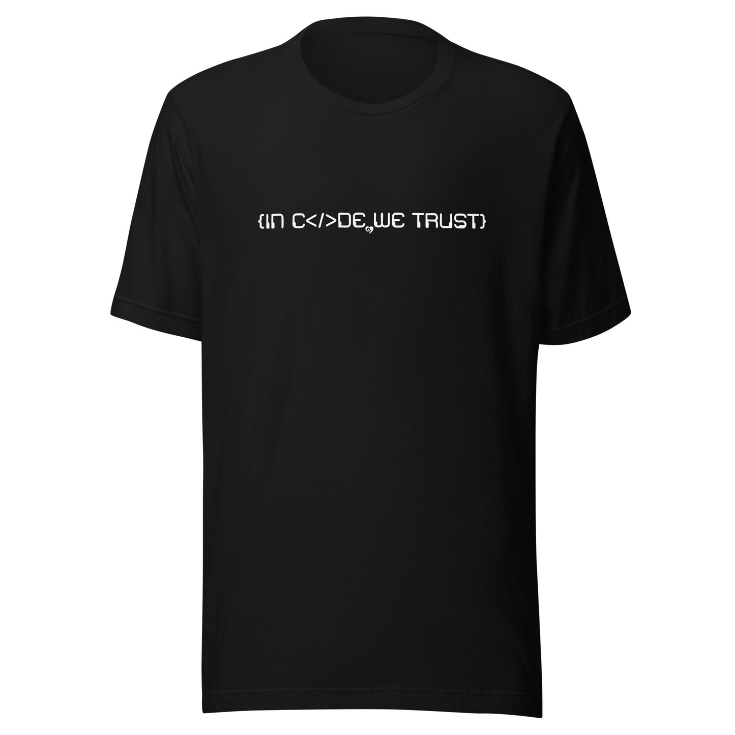 Black t-shirt with white in code we trust text on a white background
