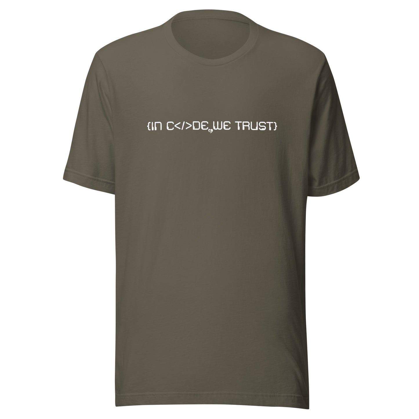 Green t-shirt with text 'IN CODE, WE TRUST' on a white background