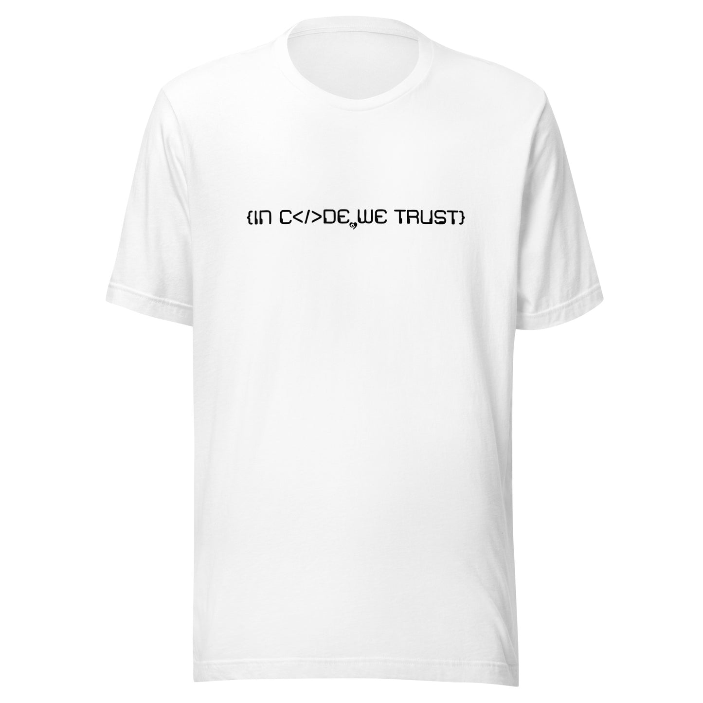 White t-shirt with black text in code we trust on a white background