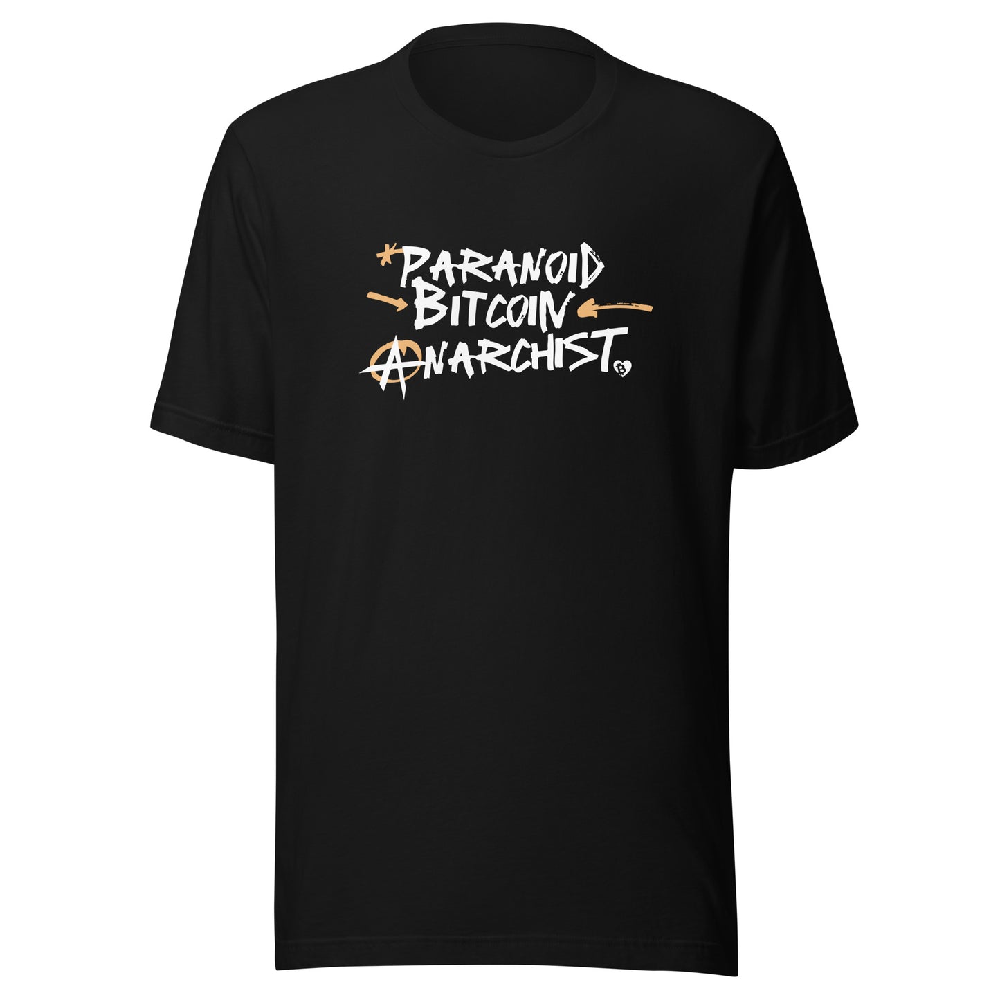 Black t-shirt with 'Paranoid Bitcoin Anarchist' text design on a white background