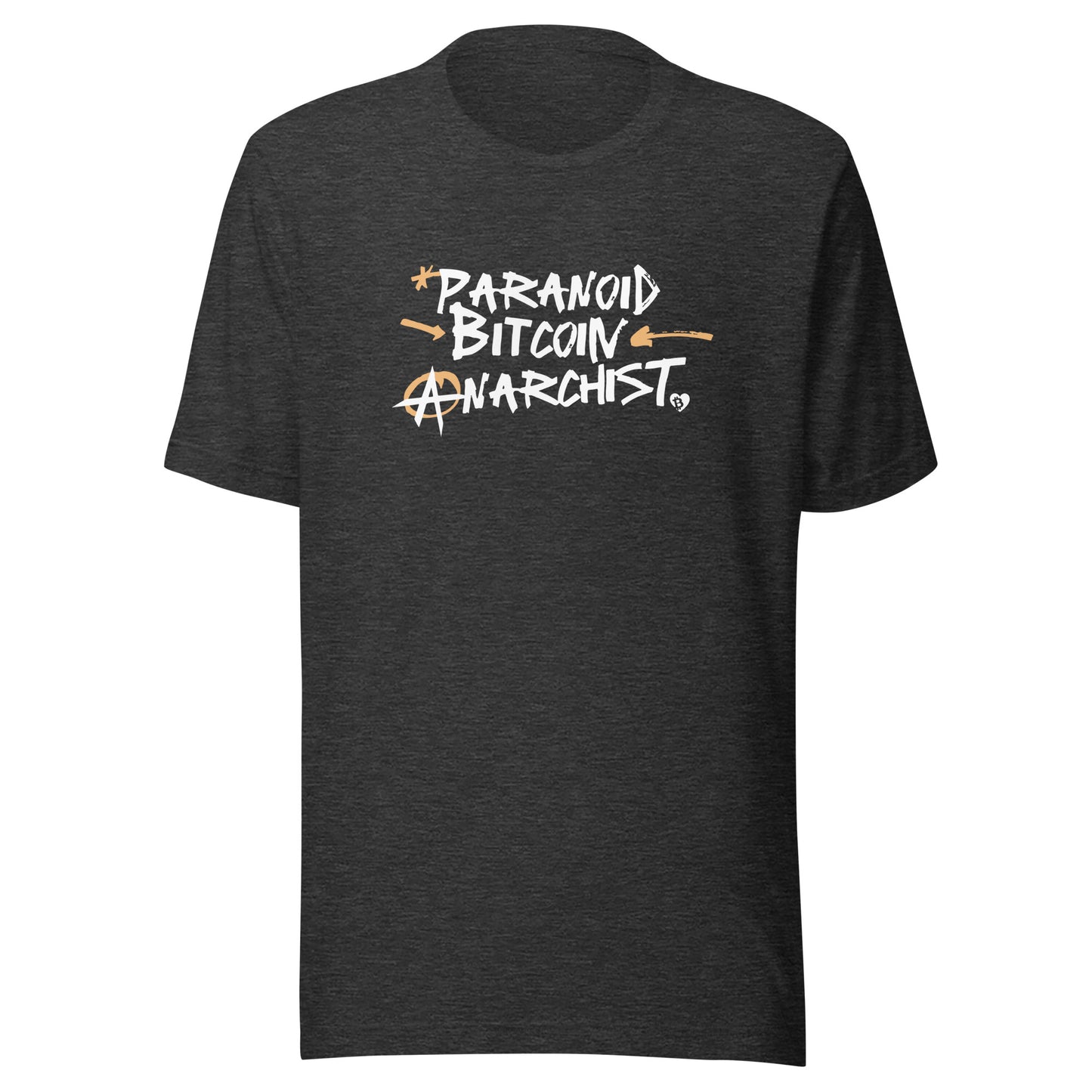 Black t-shirt with 'Paranoid Bitcoin Anarchist' text design on a white background