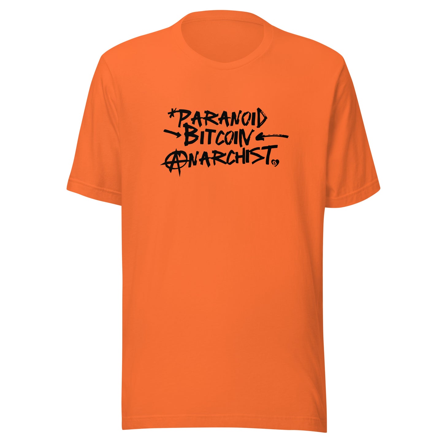 Orange t-shirt with black text 'Paranoid Bitcoin Anarchist' on a white background