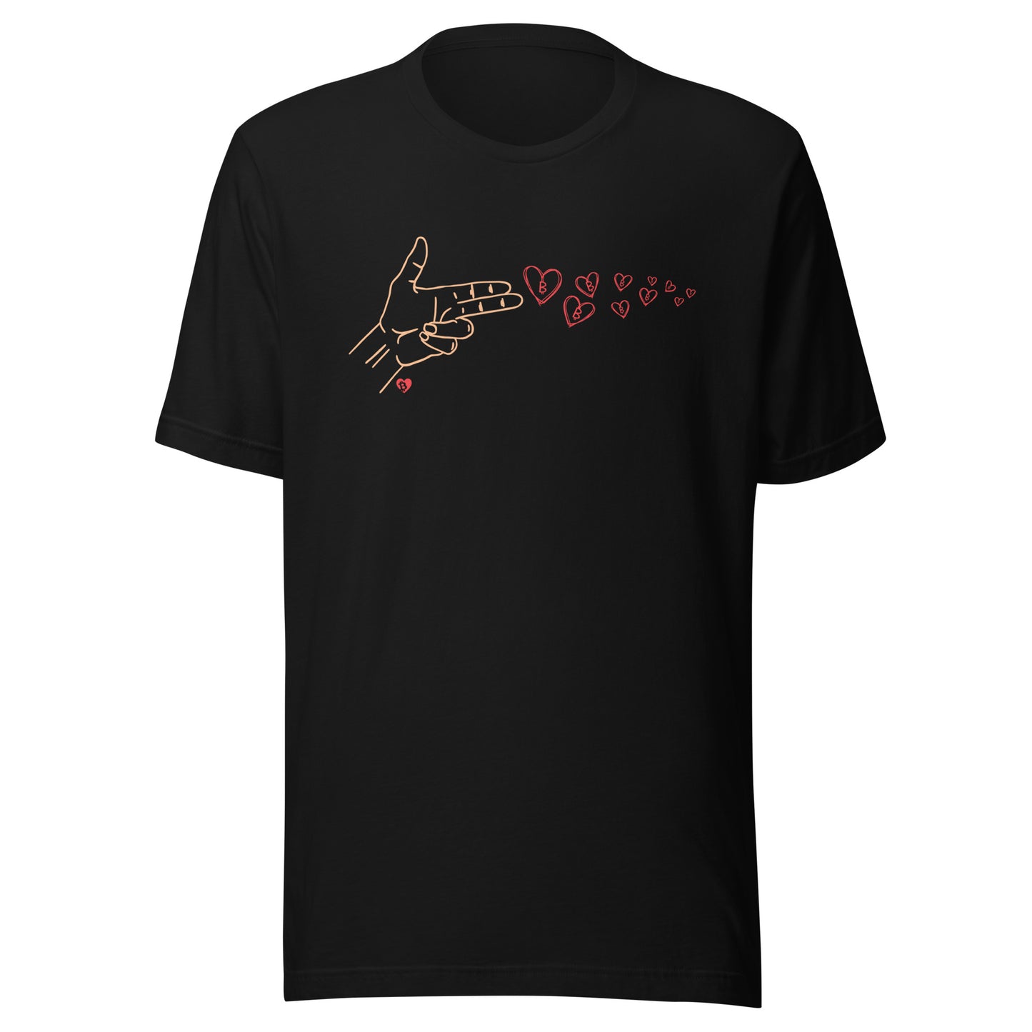 Black t-shirt with a design of a hand making a heart shape and hearts on a white background