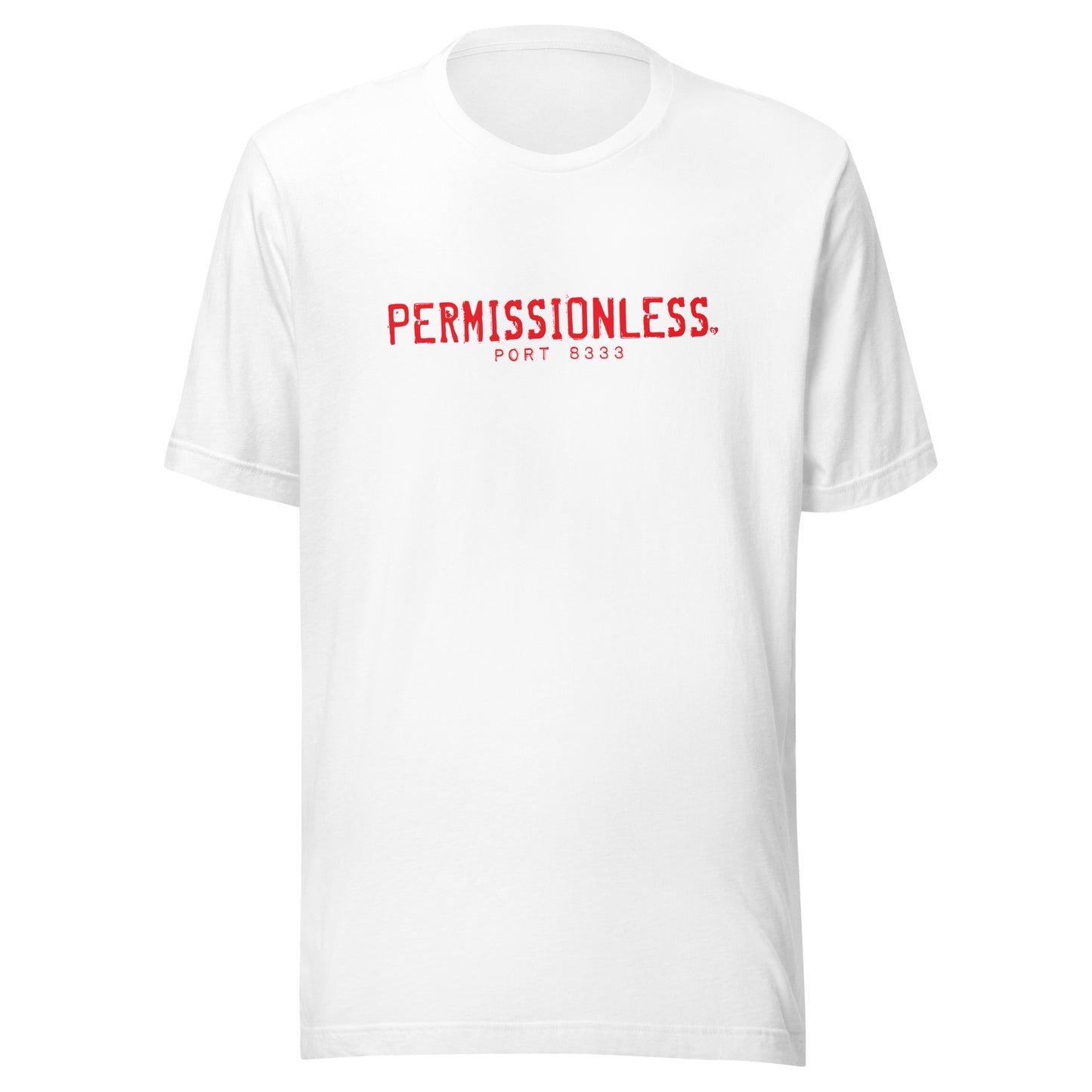 White t-shirt with red text 'PERMISSIONLESS PORT 8033' on a white background