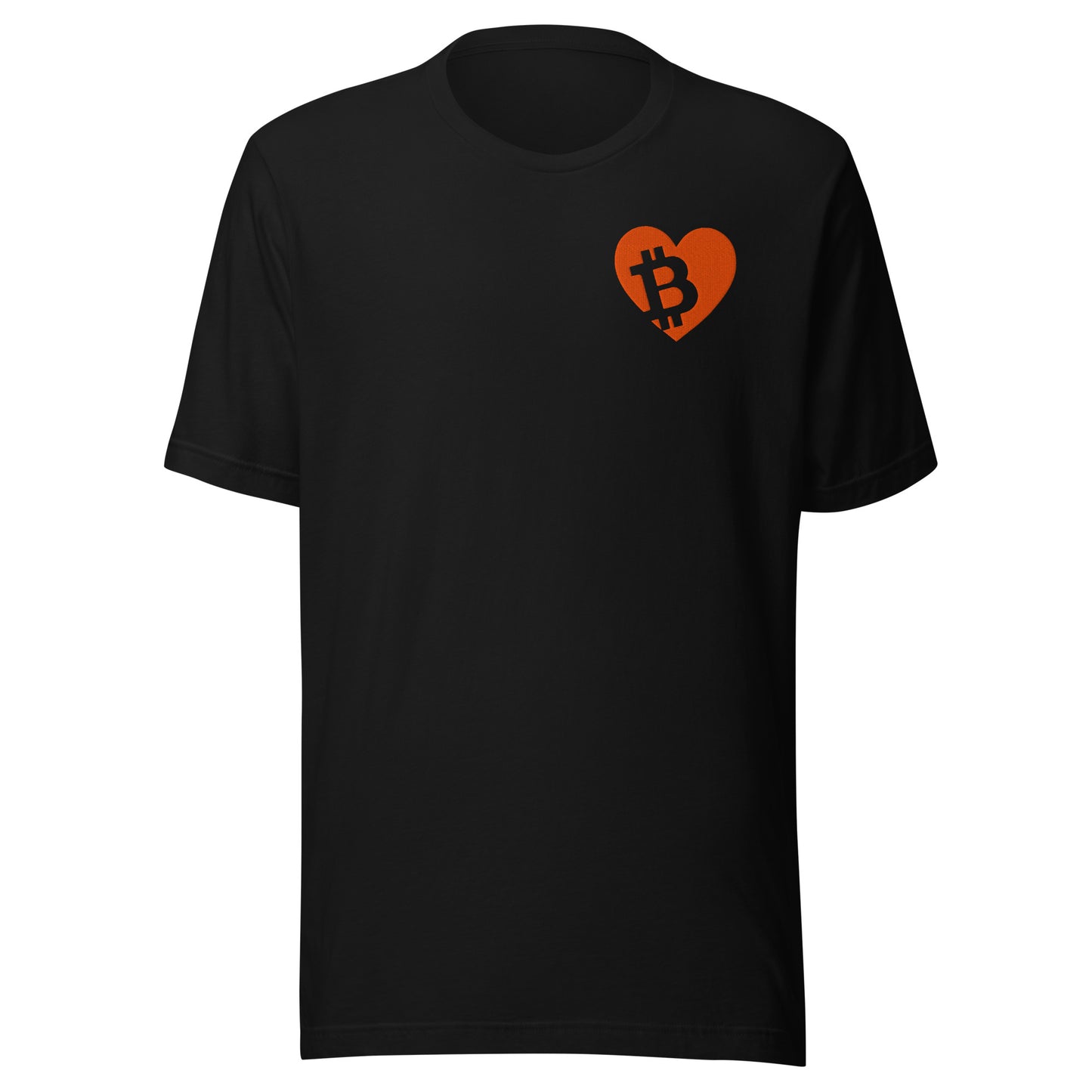 Black t-shirt with a red heart-shaped Bitcoin symbol on a white background