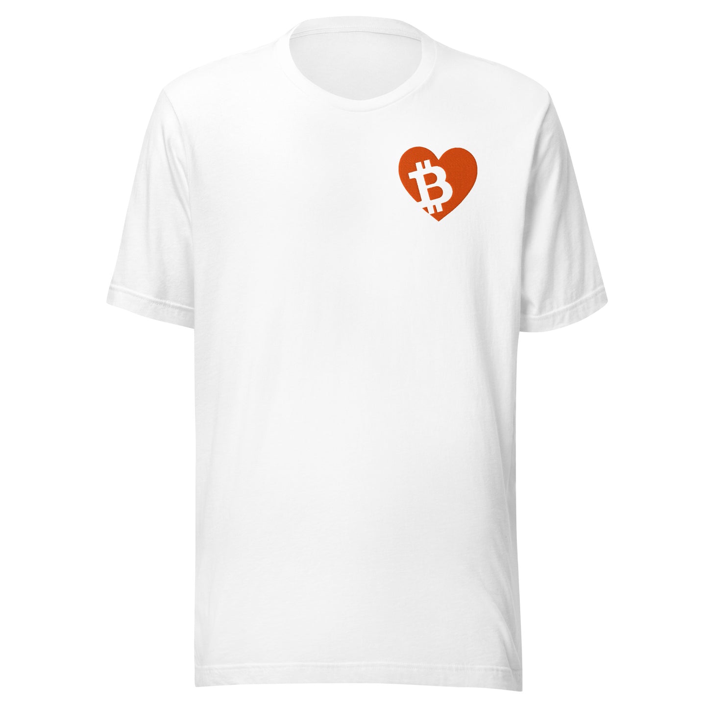 White t-shirt with a red heart-shaped Bitcoin logo on a white background