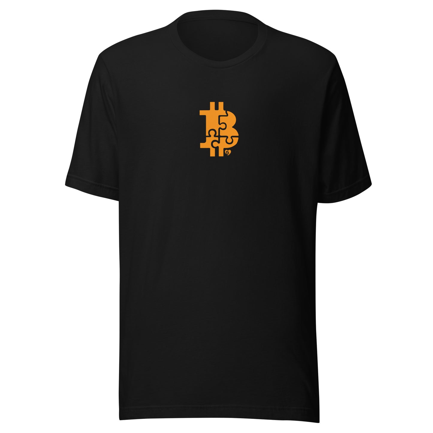 Black t-shirt with a gold Bitcoin puzzle symbol on a white background