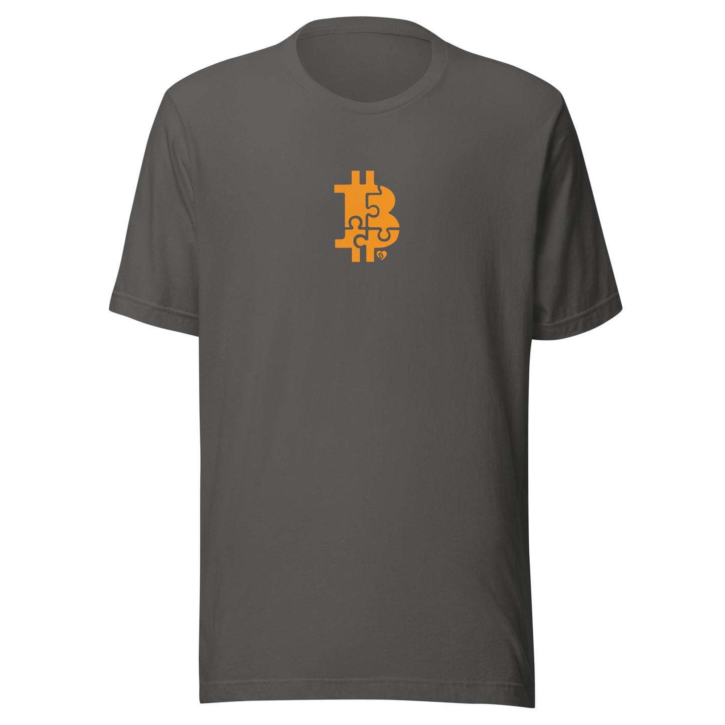 Gray t-shirt with a Bitcoin puzzle logo on a white background
