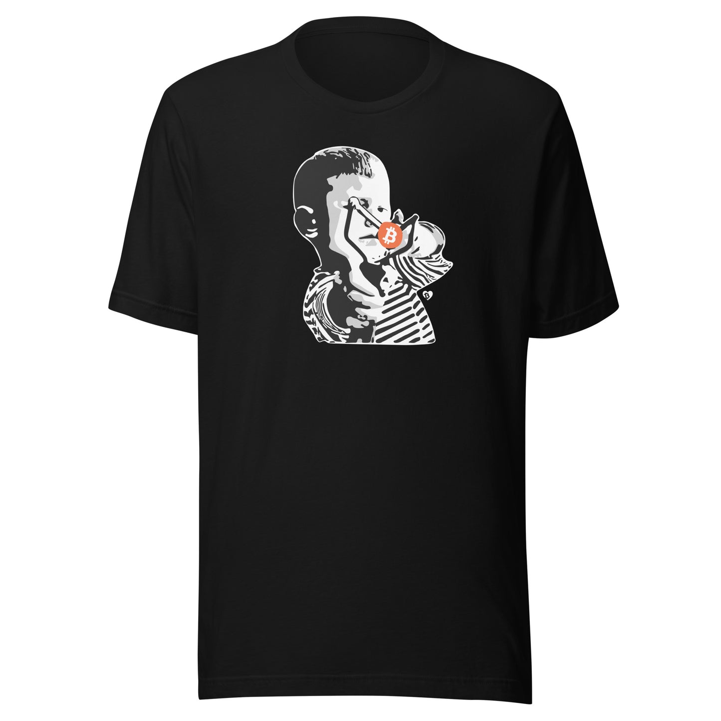 Black t-shirt with graphic design of a child holding a sling shot firing a bitcoin on a white background