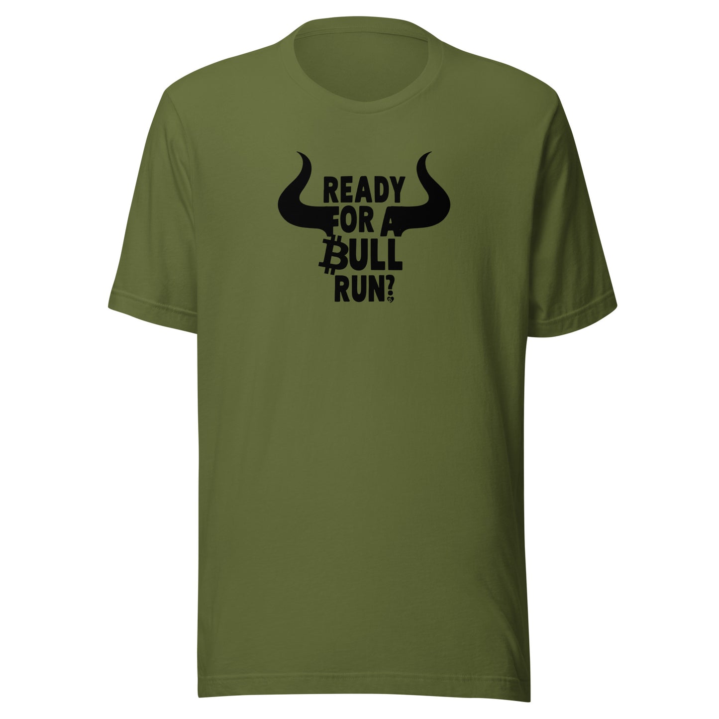 Green t-shirt with 'Ready for a Bull Run!' text and bull graphic on a white background