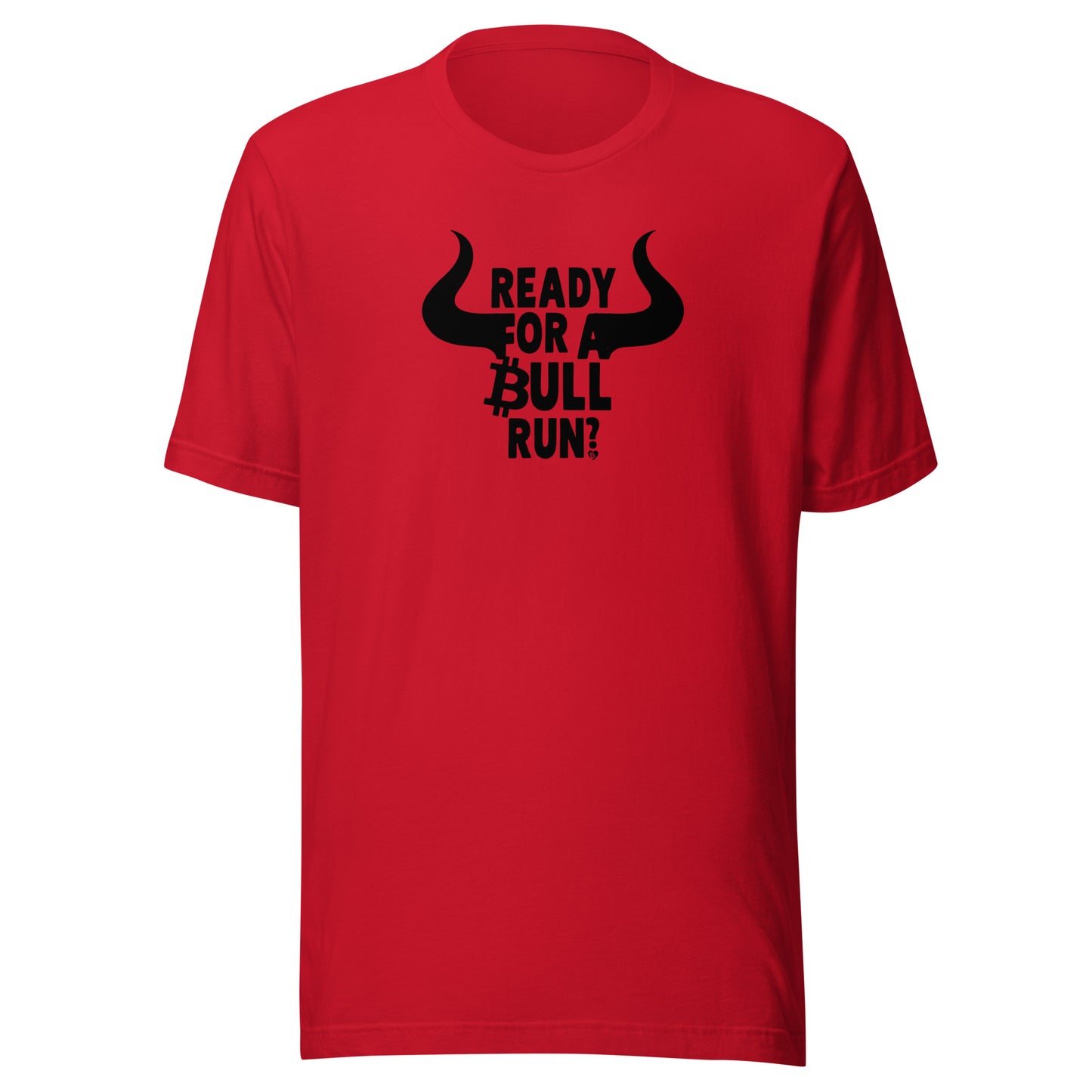 Red t-shirt with black text ready for a bull run and graphic on a white background