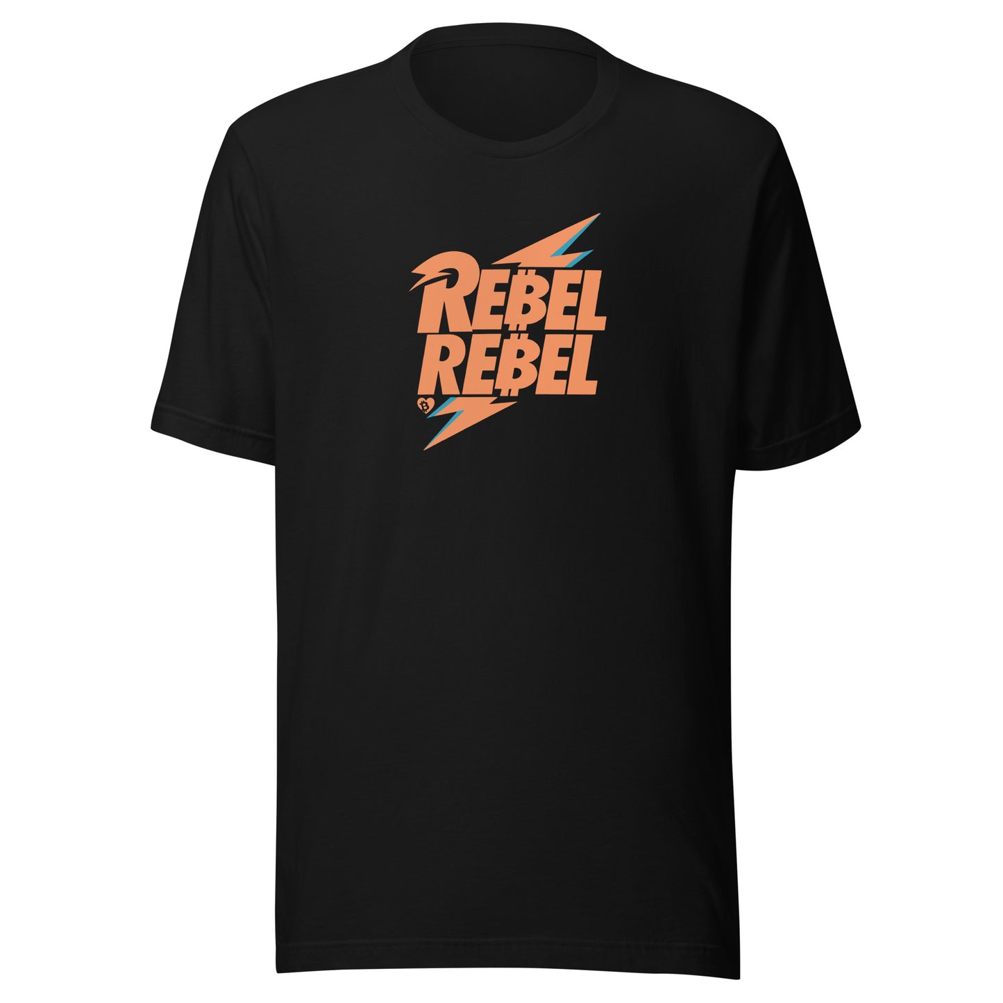 Black t-shirt with 'Rebel Rebel' bitcoin text design on a white background