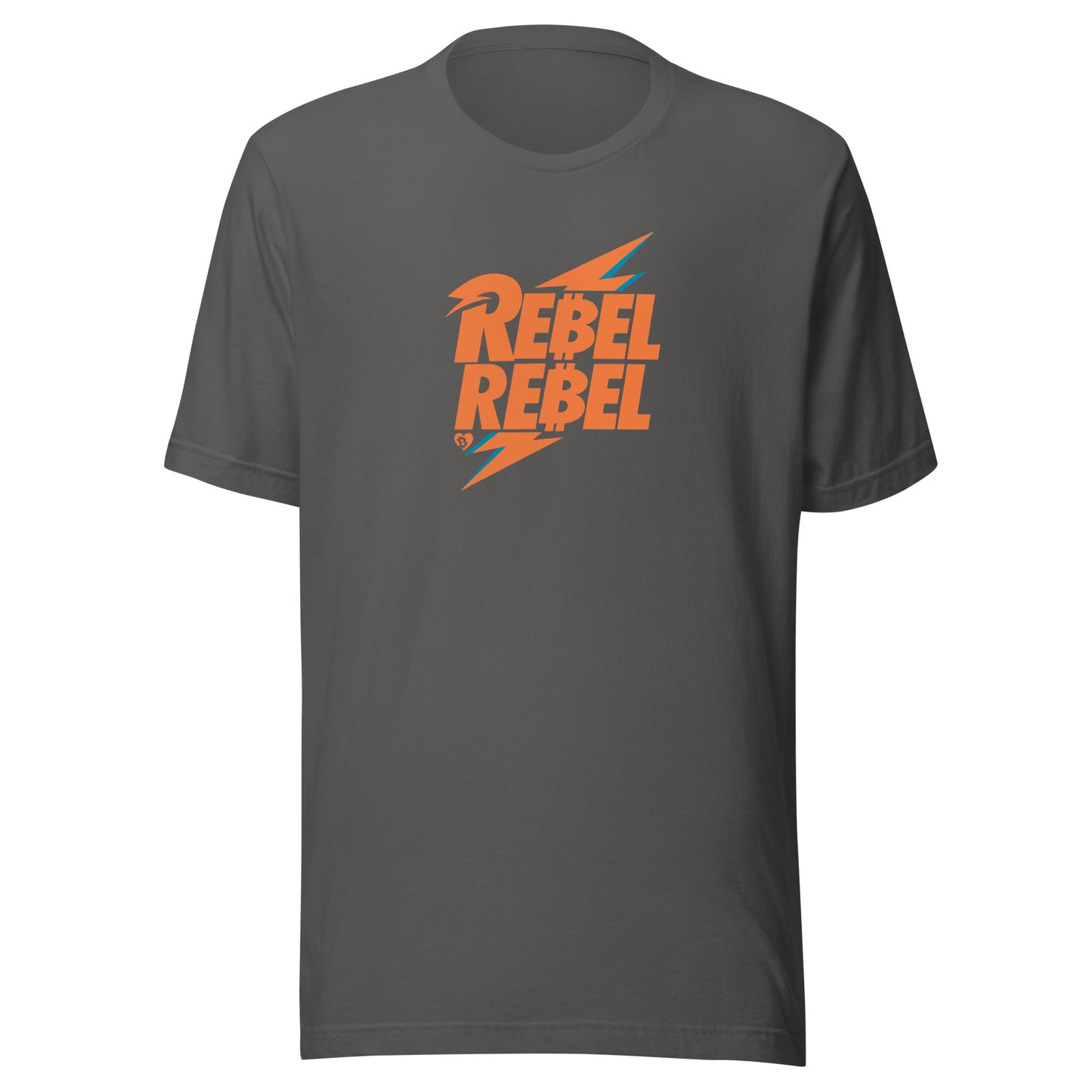 Gray t-shirt with 'REBEL REBEL' bitcoin text in orange on a white background