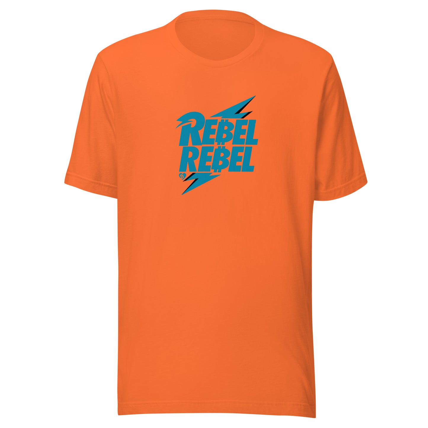 Orange t-shirt with 'REBEL REBEL' bitcoin text and lightning bolt design on a white background