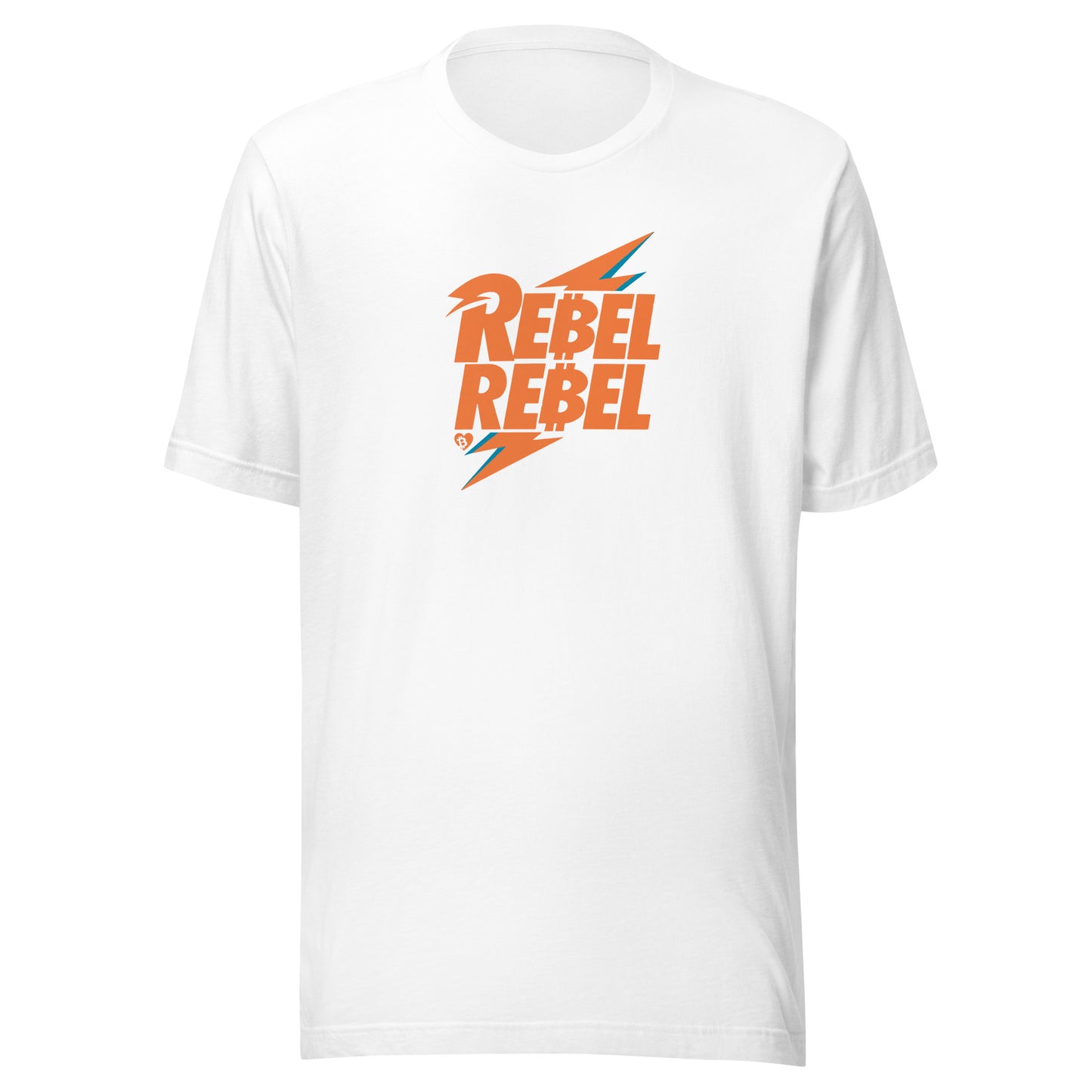 White t-shirt with 'REBEL REBEL' bitcoin text in orange and blue on a white background