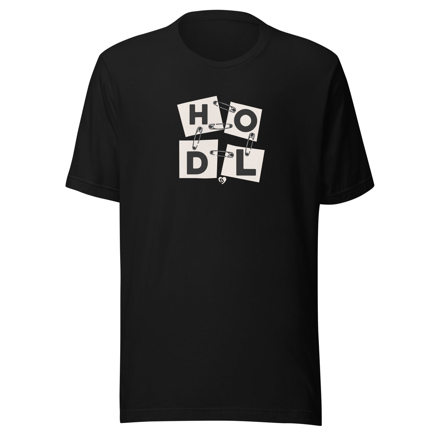 Black t-shirt with 'HODL' graphic design on a white background