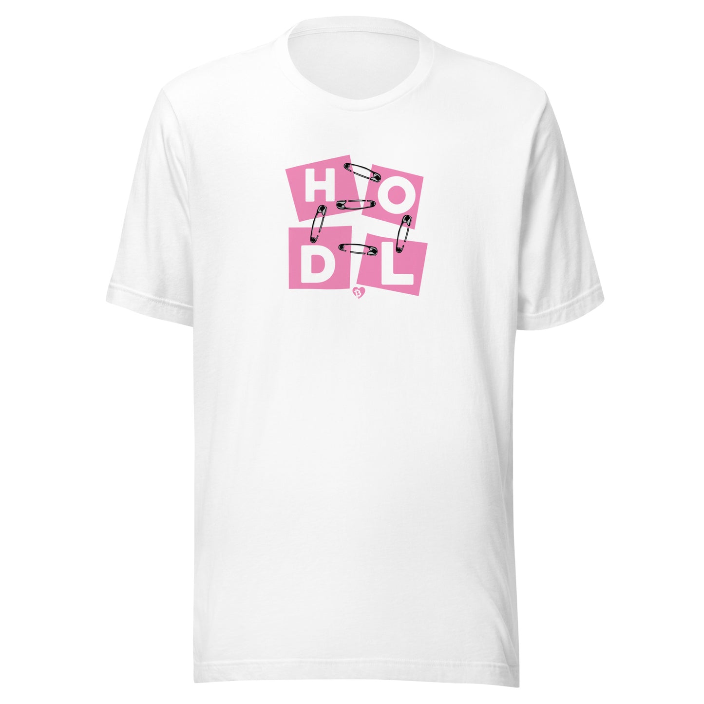 White t-shirt with pink 'HODL' design on a white background