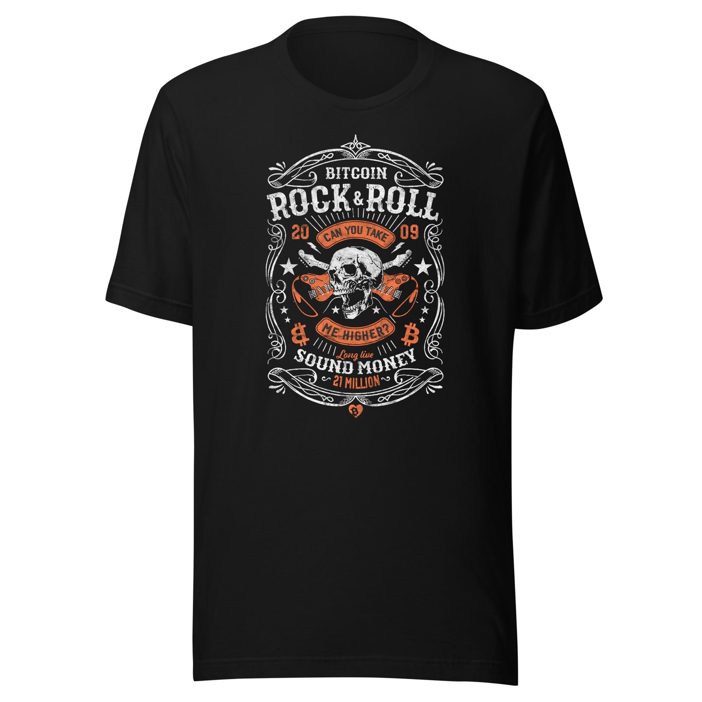 Black t-shirt with Bitcoin Rock & Roll design on a white background