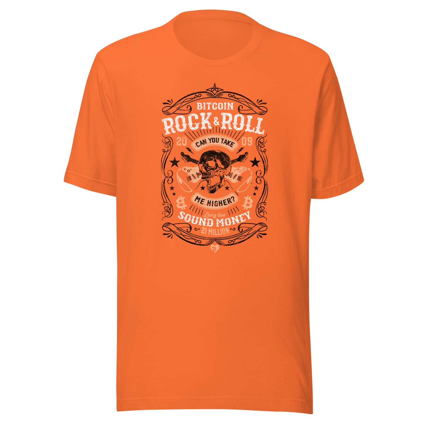Orange t-shirt with Bitcoin Rock & Roll graphic design on a white background