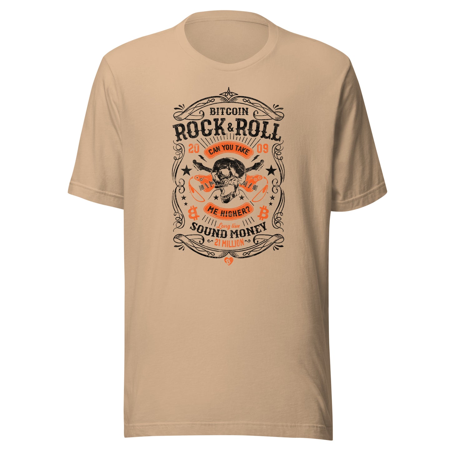 Beige t-shirt with Bitcoin rock and roll graphic design on a white background