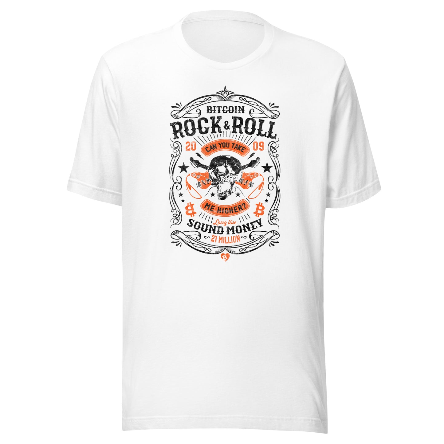 White t-shirt with Bitcoin Rock & Roll graphic design on a white background