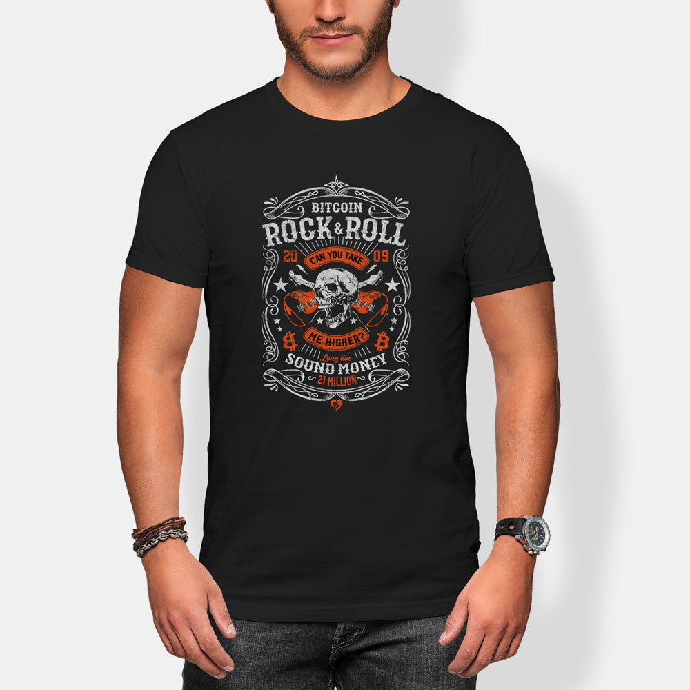 Person wearing a black t-shirt with a bitcoin rock n roll graphic design on a white background