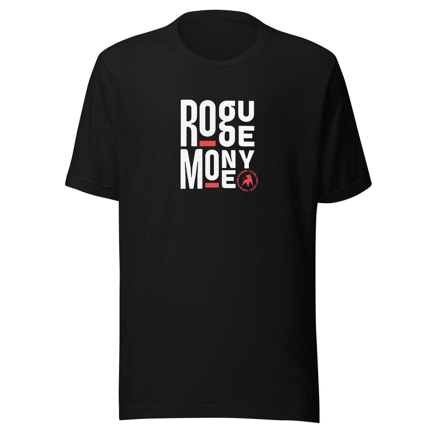 Black t-shirt with 'Rogue Money' text and logo on a white background