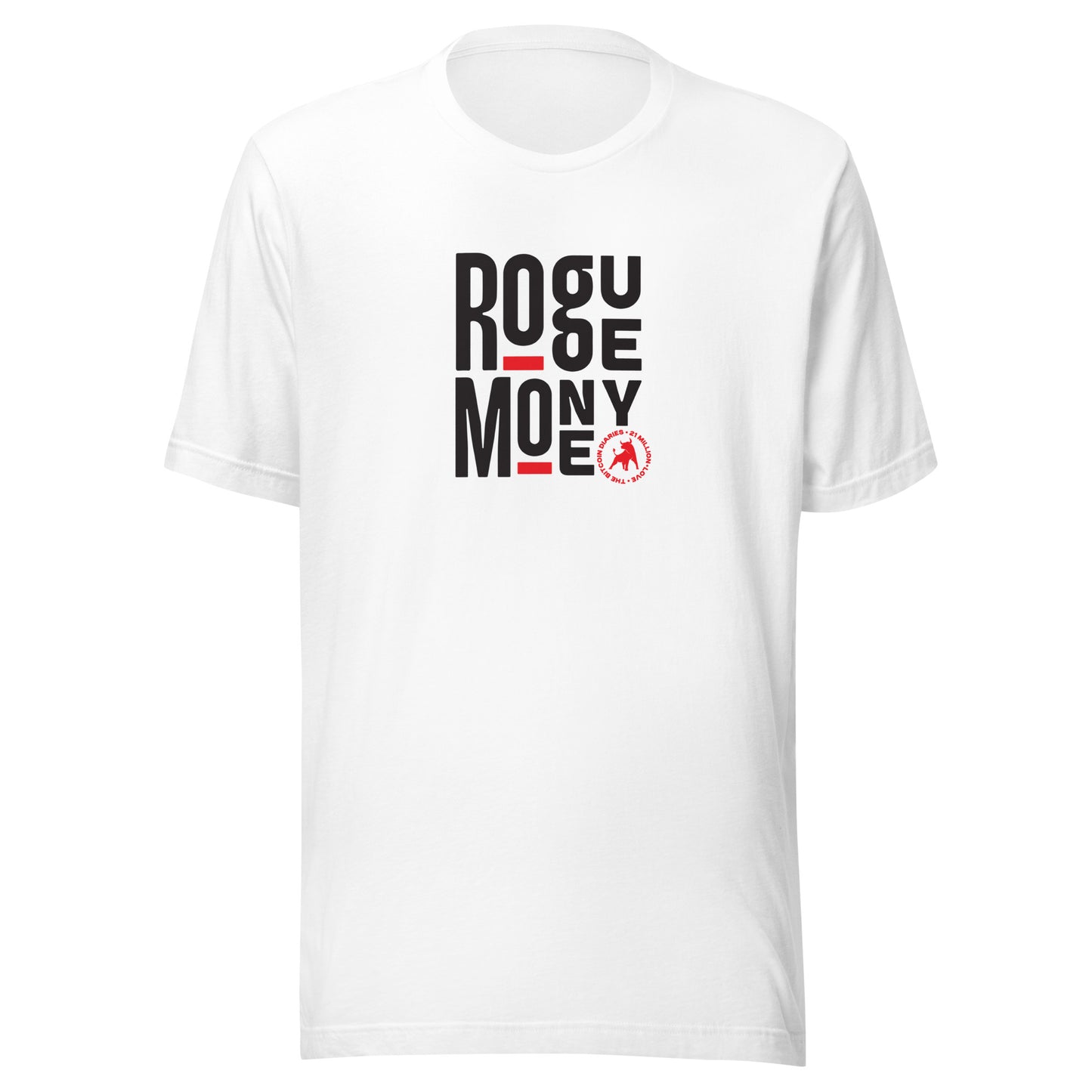 White t-shirt with black and red text design 'rouge money' on a white background