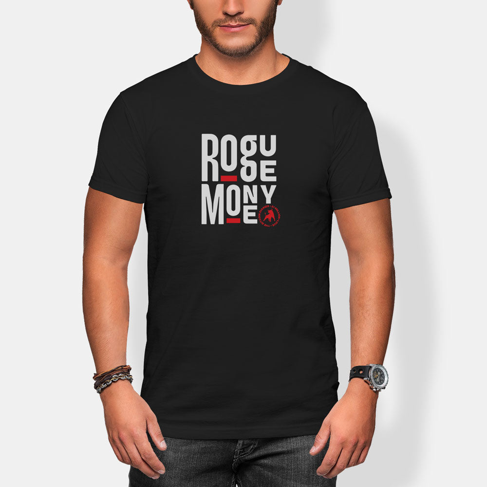 Person wearing a black t-shirt with 'Rogue money: A Star Wars Story' text design.